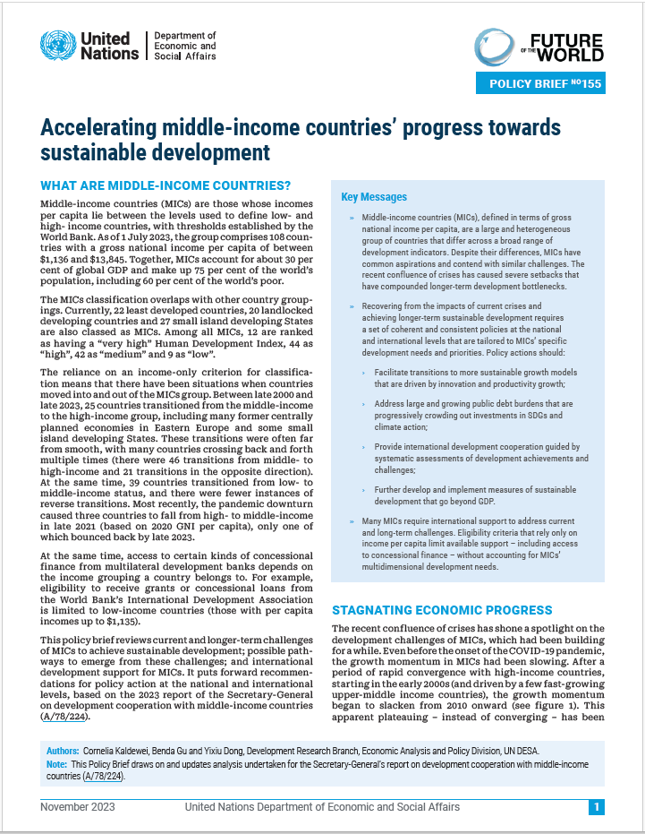 UN DESA Policy Brief No. 155: Accelerating middle-income countries’ progress towards sustainable development